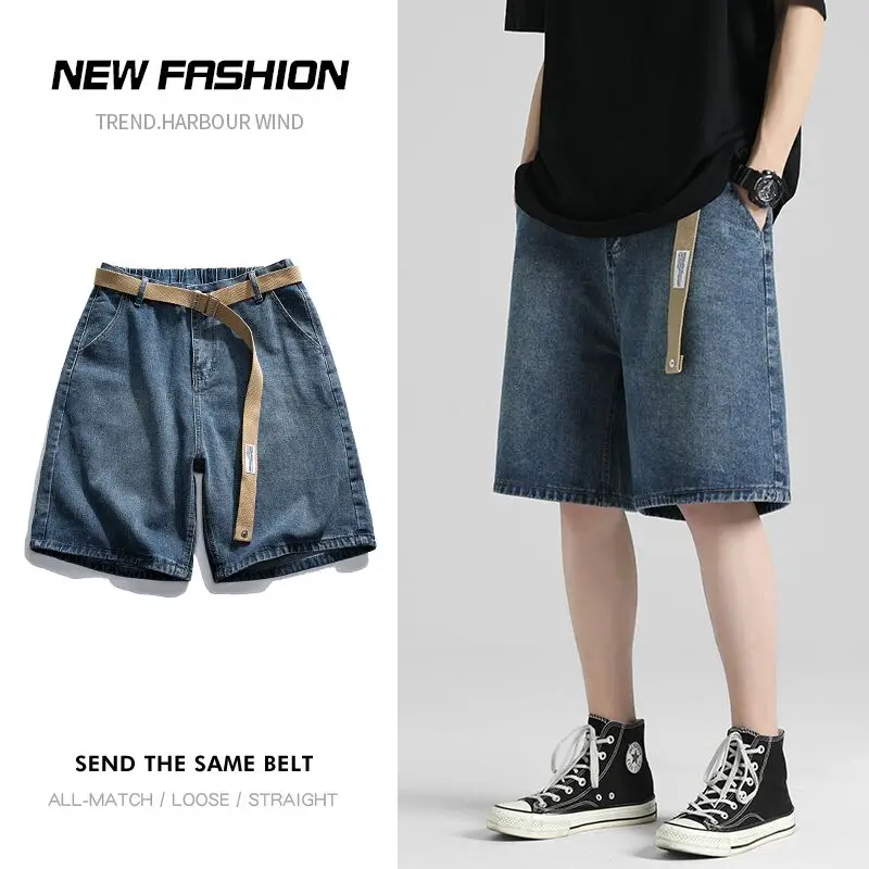 

2022 Summer New Baggy Short Jeans for Men Korean Fashion Elastic Waist Design Blue Denim Shorts Male Brand Clothes