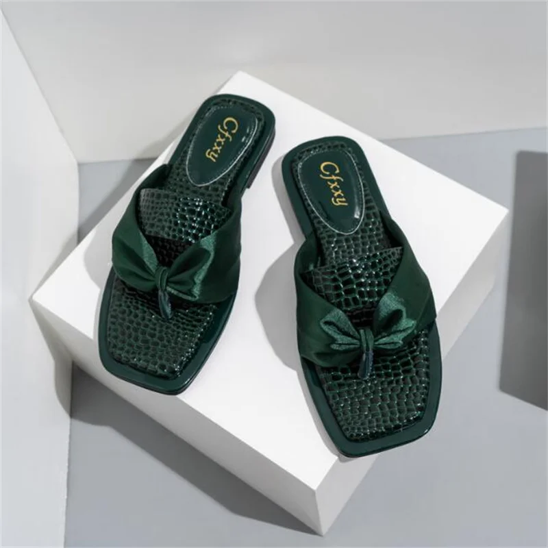 2022 Summer Women Slippers Silk Bow Outdoor Slippers Flats Open Toe Causal Sandals Comfortable Fashion Green Shoes Plus Size 42