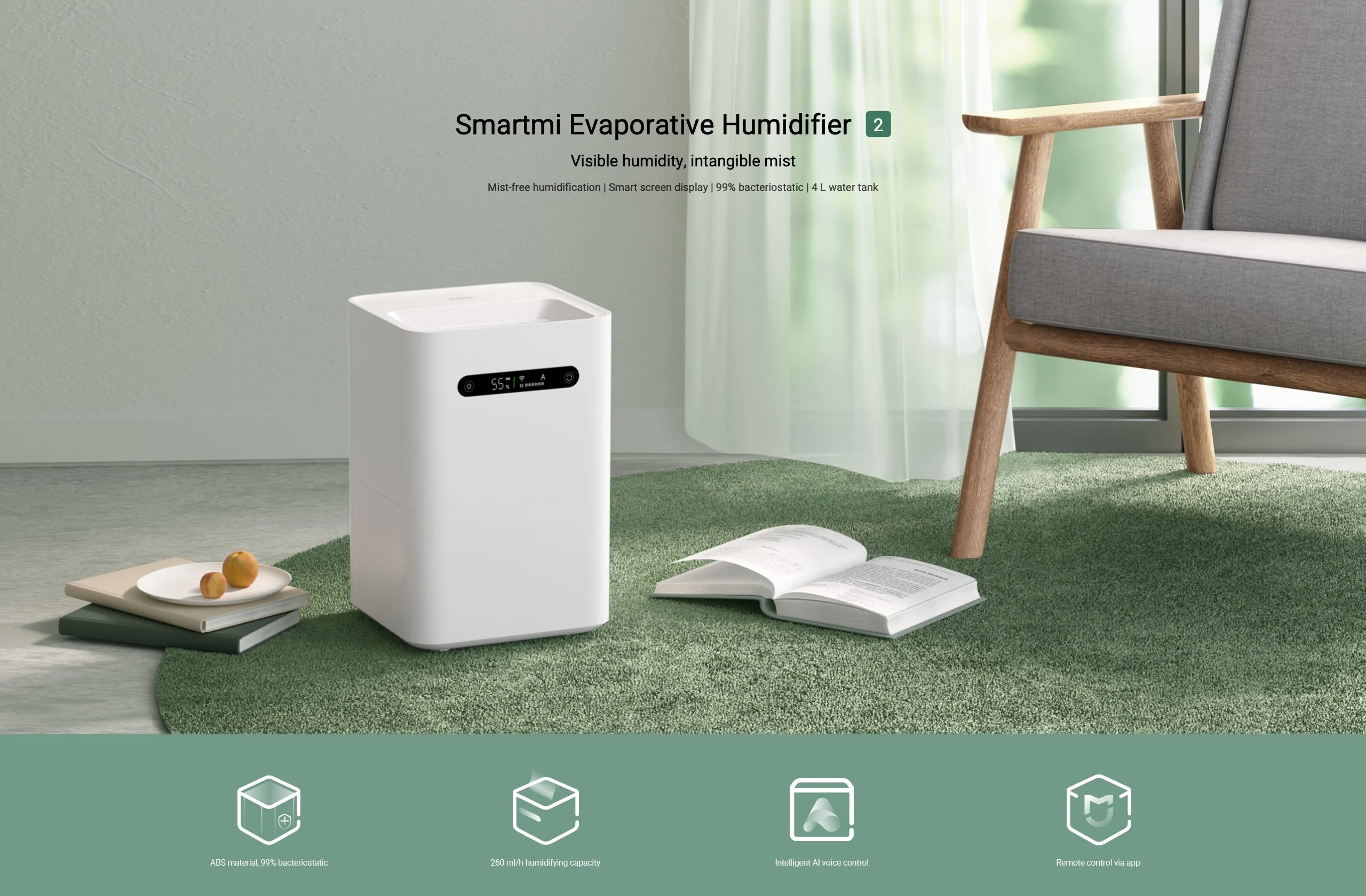 [-700py6 code: PODAROK700 ] Испарительный Увлажнитель Smartmi 2 для умного дома ультразвуковой