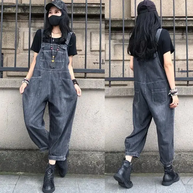 

Woman Casual Pockets Loose Suspender Denim Overall Female Trousers Jean Jumpsuits Overalls Jeans Ladies All Match Pants G221