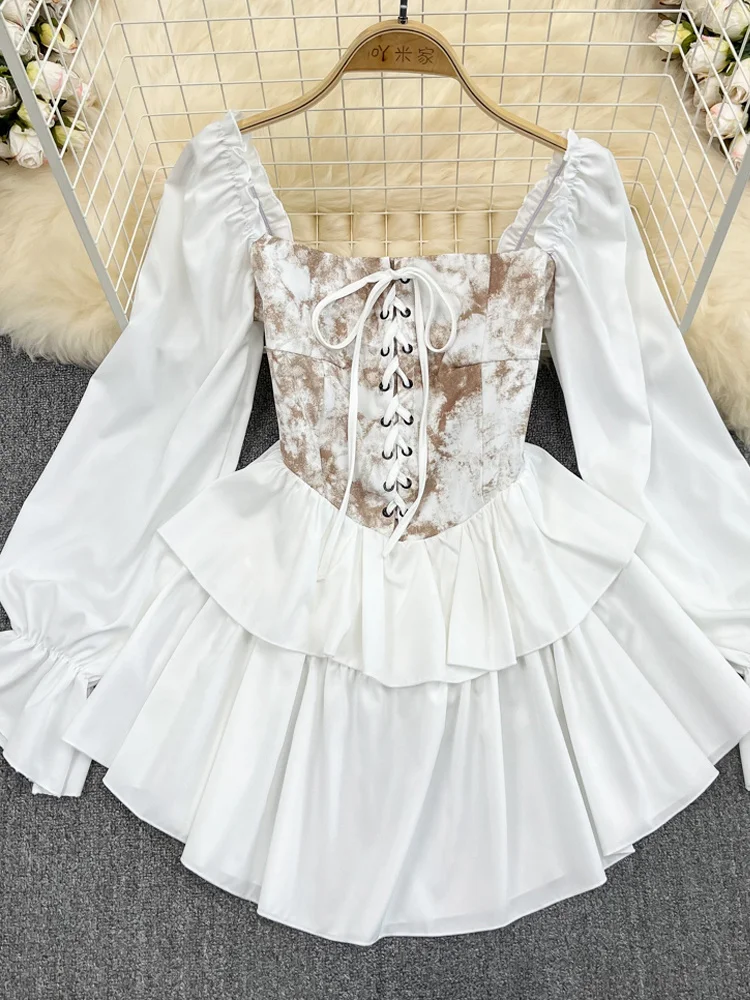 

YuooMuoo раннее осеннее платье 2022 Ретро готическое женское белое черное Бандажное мини-платье пикантное с открытыми плечами и пышными рукавами...