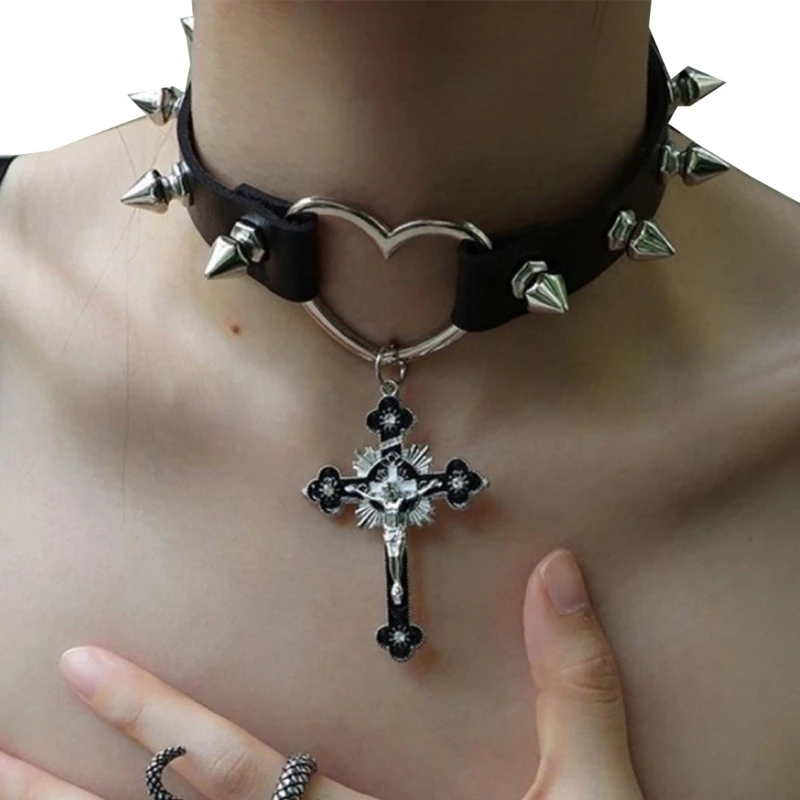 

Gothic Studded Heart Shaped Leather Choker Necklace with Crosses Pendant Charm Drop Shipping