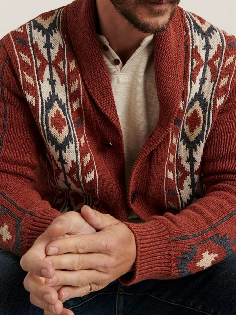 Мужской трикотажный кардиган на пуговицах с V-образным вырезом и длинными