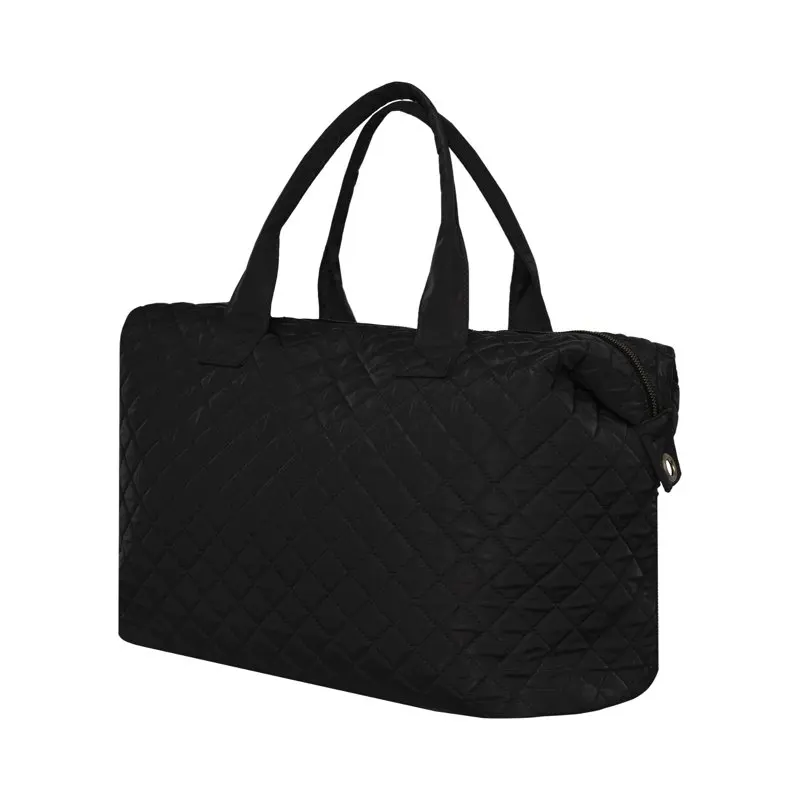 Black Nylon Checkered Pattern Travel Duffle Tote Bag for Women