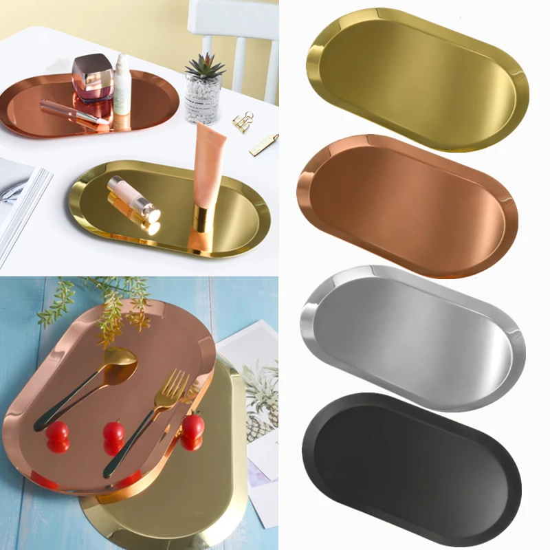 Oval Golden Storage Tray Stainless Steel Desktop Metal Dishes Cosmetic Jewelry Dessert Tea Plate Home Decoration |