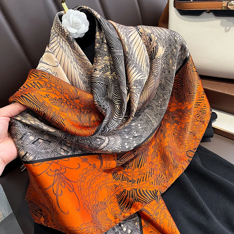 

2022 Korean spring autumn lightweight fashion splicing color orange frame black phoenix imitation silk large square scarf shawl