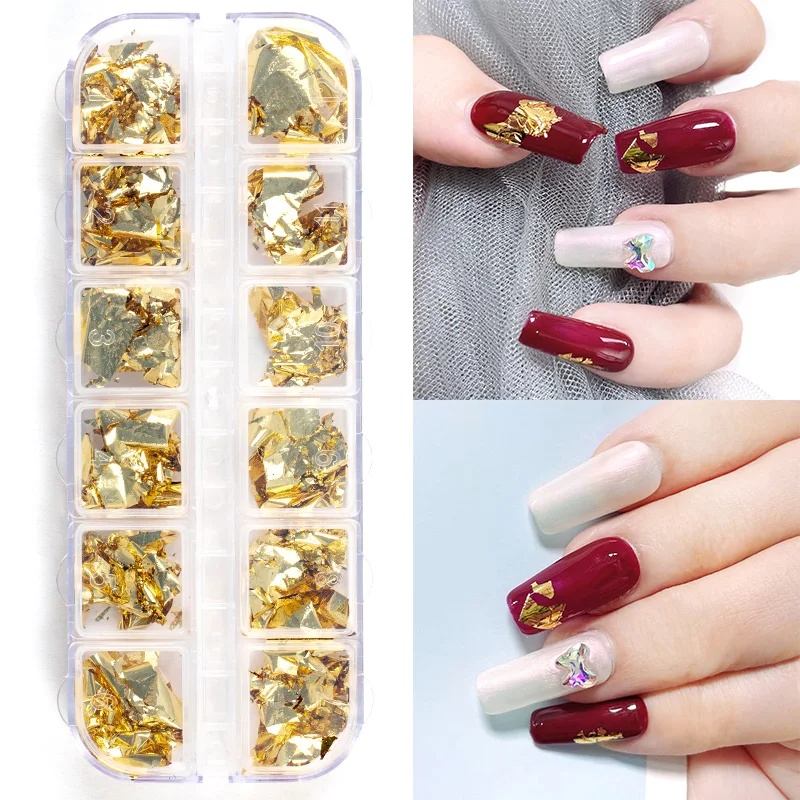 

New 12 grid gold foil gorgeous nail glitter sequin aluminum nail design shiny nail decoration accessories
