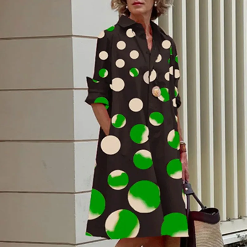 

Elegant Turn-down Collar Women Shirts Dress Spring Polka Dot Print Office Party Dress Autumn Long Sleeve Pocket Pullover Dresses