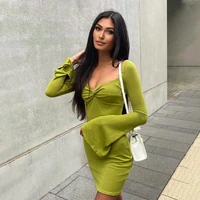 womens spring 2022 new solid color square neck flare sleeve slim fit sexy hip wrap women summer dress dresses big sizes