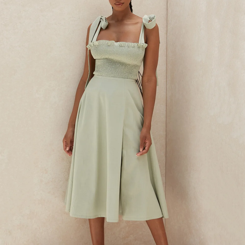 

Women Summer Green Dress Casual Strapless Sleevess Midi Dress Female Party Club Elegant Bow Bandage Off Shoulder Solid Dresses