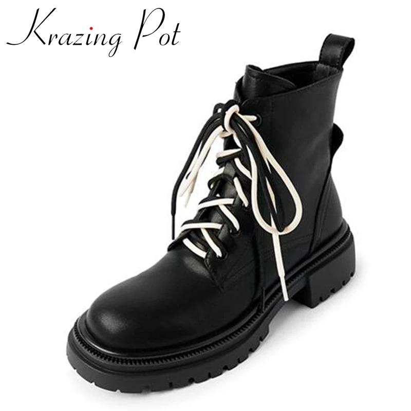 

Ботильоны Krazing Pot из коровьего спилка, модные повседневные ботинки на среднем каблуке, на платформе, с перекрестной шнуровкой, в стиле сафари...