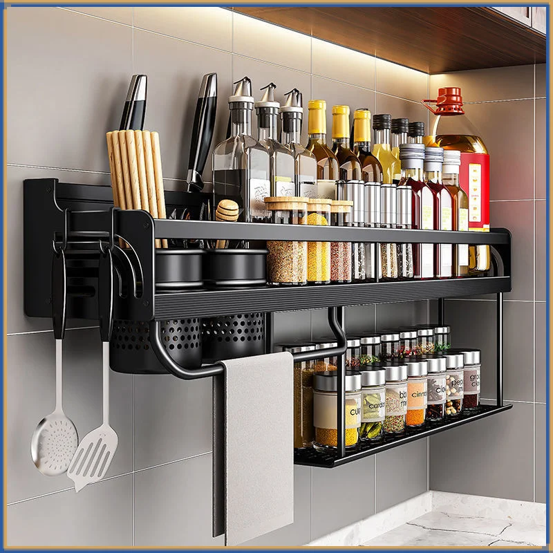 

50/40cm Double-Layer Kitchen Shelf Wall-Mounted Spice Storage Racks Kitchen Knife Holder Seasoning Shelf Organizer Punch-Free