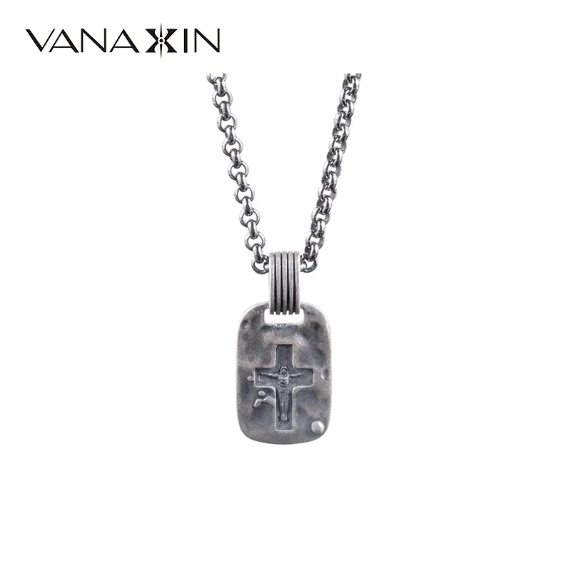

VANAXIN Men's cross Necklace Retro square pendant Luxurious fashion exquisite 925 sterling silver jewelry