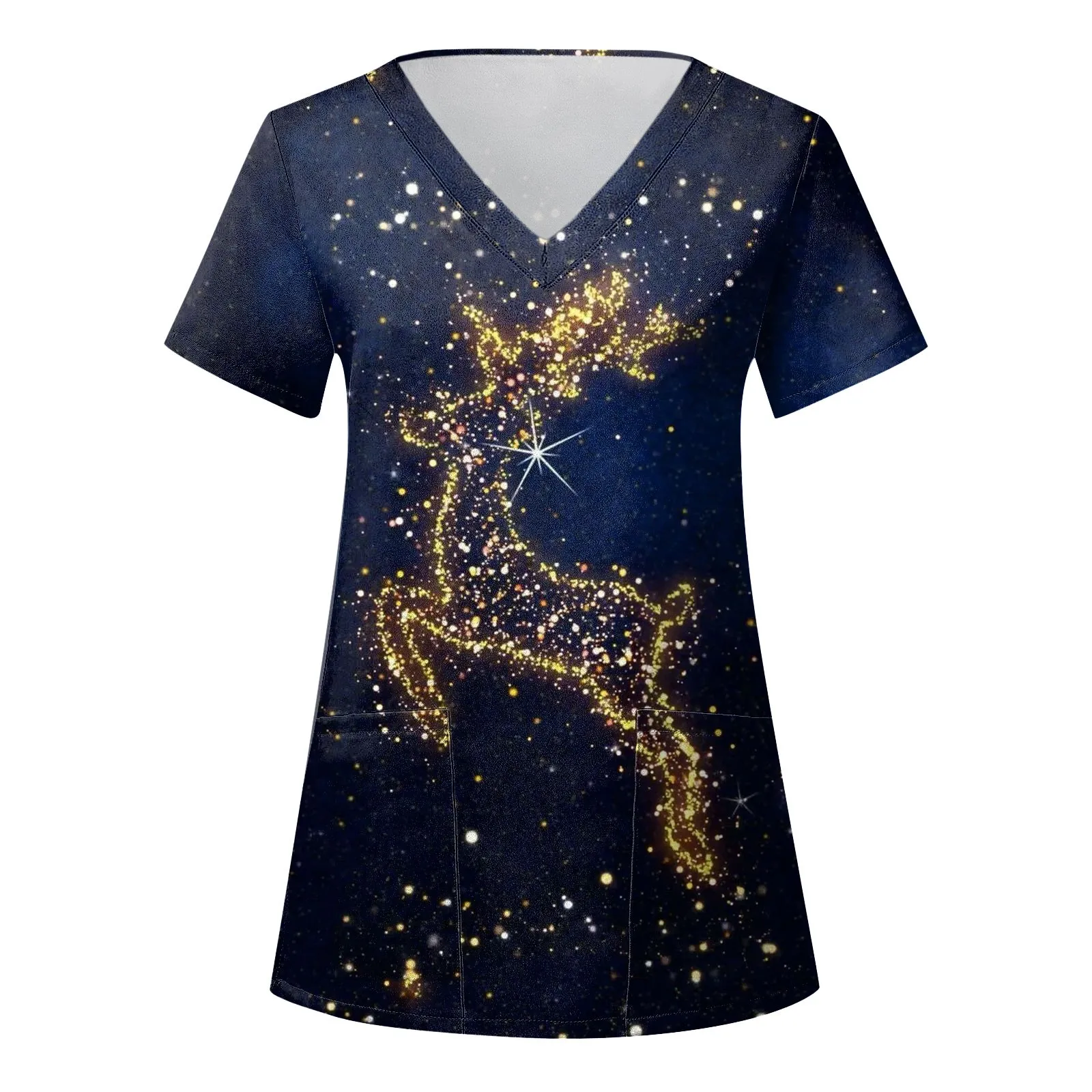 

Christmas Gold Deer Print Nurse Uniform Women V Neck Short Sleeve Medical Working Uniform Tops Clinical Nursing Uniform Scrubs