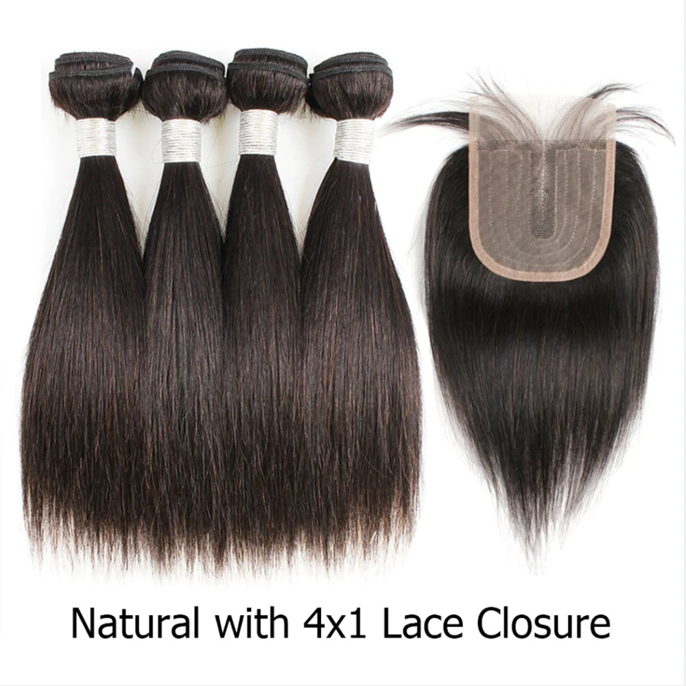 

Straight 4 Bundles With 4x1 Lace Closure Transparent Swiss Lace Natural Color Peruvian Remy Human Hair Extension 200g/Set