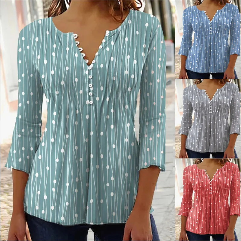 2022 Autumn and Winter Elegant Women's New Geometric V Neck Casual Polka Dot Top T-shirt Striped Long-sleeved Pullover Tee Shirt