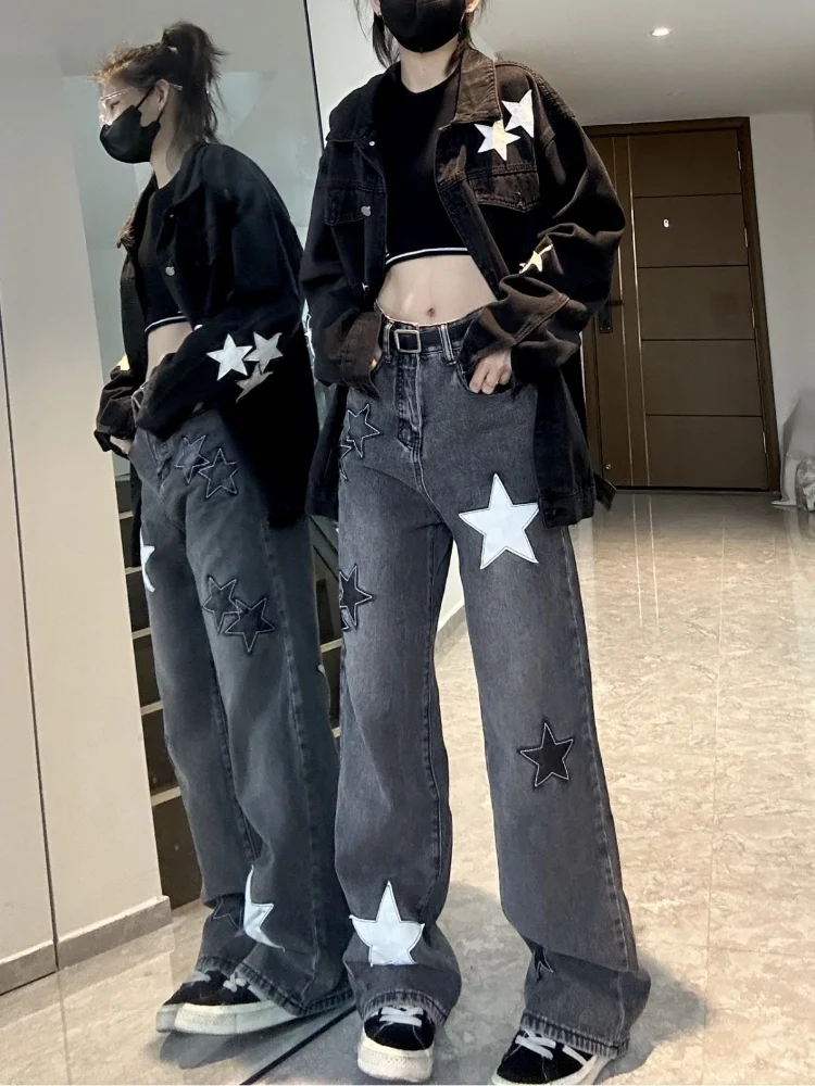 Deeptown Y2k American Retro Denim Pants Women Vintage Gothic Goth Punk Star Print Straight Trousers 2023 Autumn Fashion New In