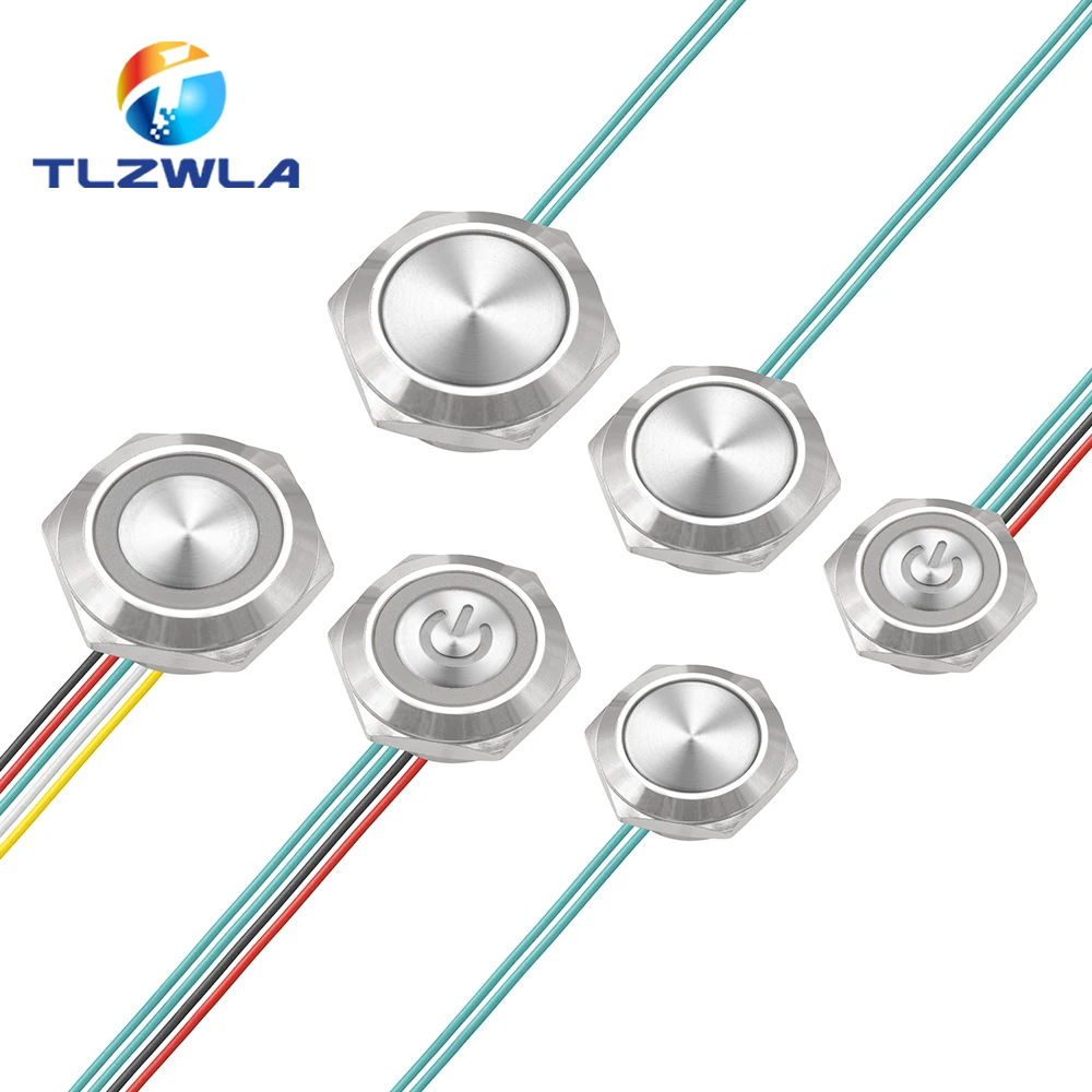 16/19/22mm Ultra Short LED Light Switch 12V 24V Momentary Self Reset Waterproof Metal Push Button with Wire