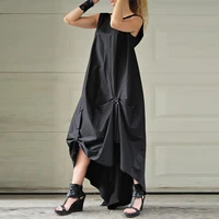 yeezzi summer female solid color original irregular pleated high low black backless sleeveless maxi dress for women 2022