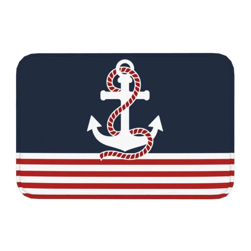 

Nautical Red White Stripes And Red Anchor Doormat Non-Slip Bath Kitchen Mat Bedroom Balcony Door Floor Entrance Carpet Rug