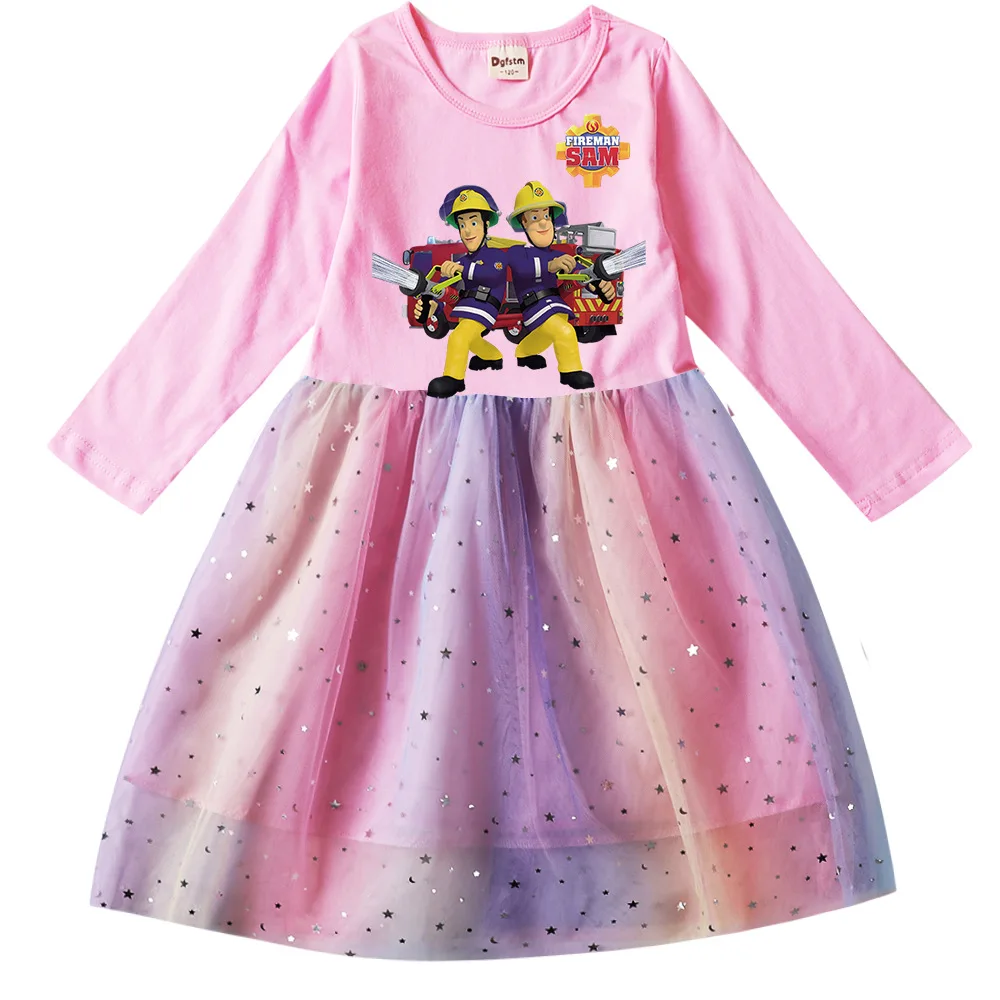 

Платье Fireman Sam с принтом для маленьких девочек, Детский милый мультяшный Рождественский костюм, Сетчатое карнавальное платье с блестками, детское платье с длинным рукавом