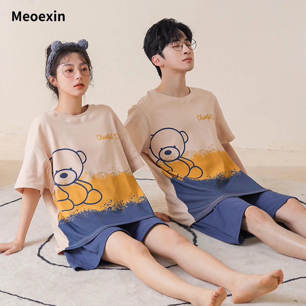 

Пижамный комплект для мужчин и женщин, летняя одежда для сна с коротким рукавом и шортами, с мультяшным принтом, можно выйти на улицу, для пар, Студенческая одежда для дома