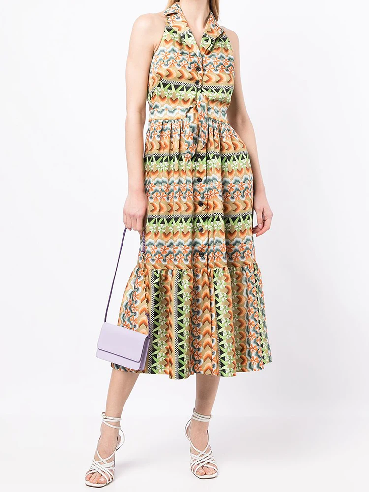 

Lapel Single Breasted Retro Geometric Print Sleeveless Halter High Waist Dress Ladies Summer New Fashion Loose Swing Puff Skirt