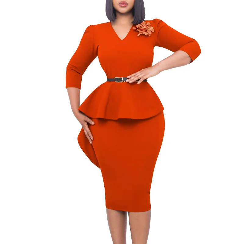 

With Belt Brooch African Party Dresses Woman 2023 Summer Sexy 3/4 Long Sleeve Peplum Elegant Christmas Evening Africa Clothing