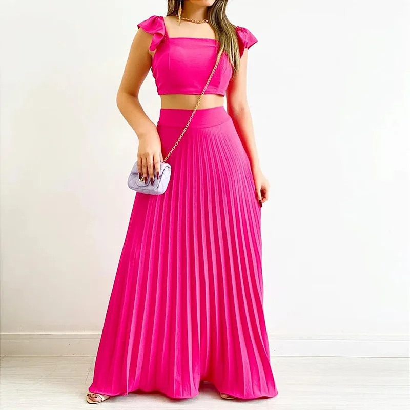 Women‘s Spring 2023 New Solid Color Short Vest High Waist Pleated Skirt Fashion Casual Suit