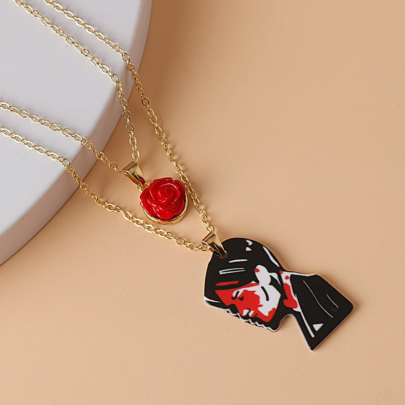 

2Pcs Rock Band My Chemical Romance Necklace MCR Three Cheers Couple Mismatch Necklaces Rose Flower Double Layer Necklace Jewelry