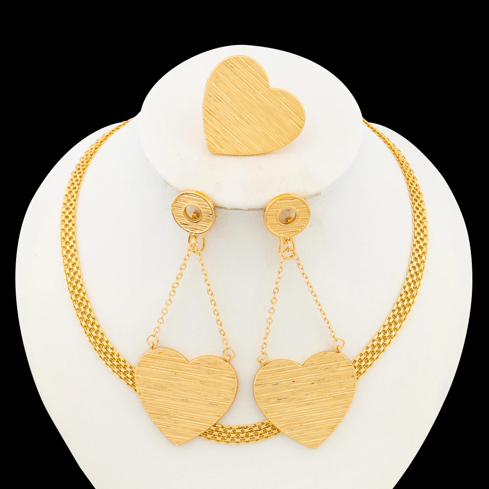 

Dubai Gold Plated Jewelry Set for Women Heart Shape Design Earrings and Ring with Chian Necklace Set for African Weddings Gifts