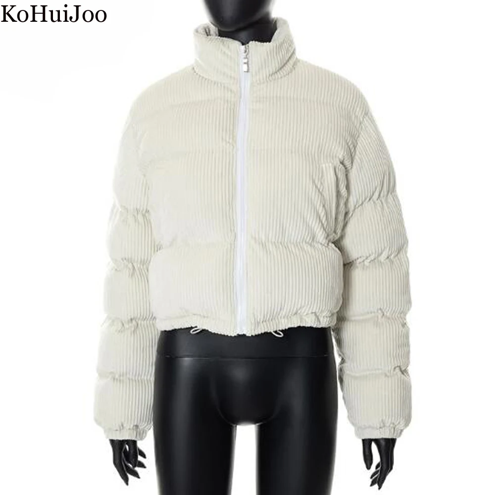 KoHuiJoo Winter Fashion Coats for Women 2022 Corduroy Stand Collar Short Loose Parkas Thick Warm Bread Dwon jacket Oversize