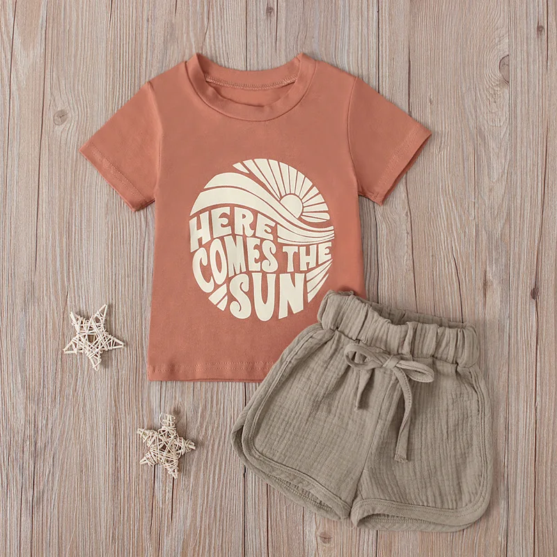 

1-4 Years Toddler Casual Clothing Summer Boys & Girls Alphabet Print T-Shirt + Cotton Linen Shorts 2 Piece Kids Tracksuits Kids