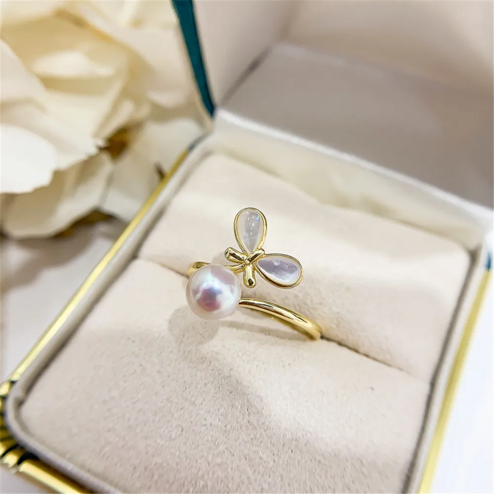 

Butterfly Pearl Ring Empty Holder Adjustable DIY Pearl Accessories S925 Sterling Silver Jewelry Suitable for 6-8mm Beads