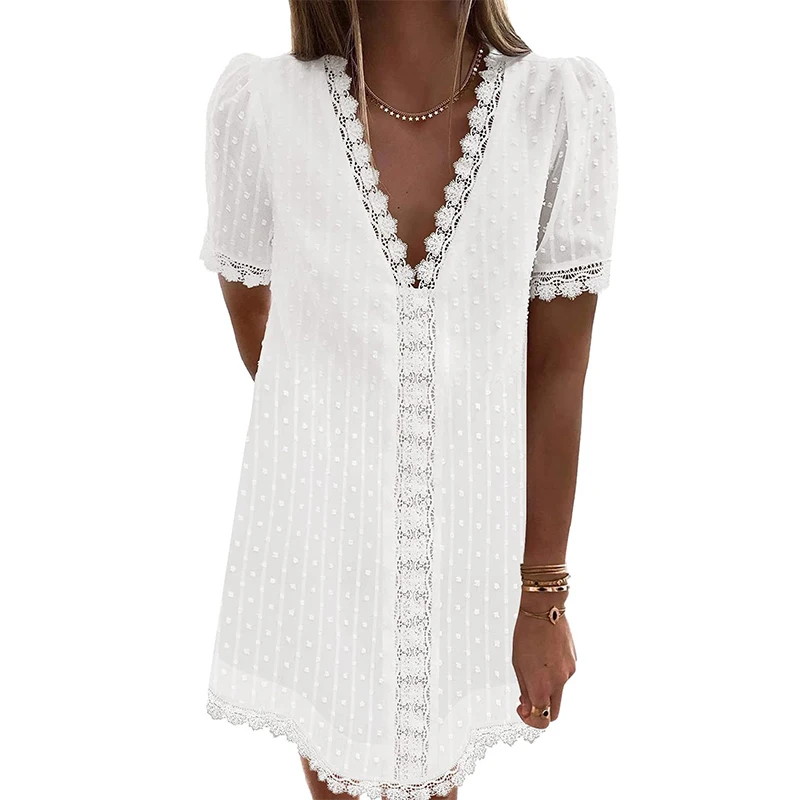 

Женское винтажное кружевное прямое мини-платье в стиле пэчворк, соблазнительное однотонное Элегантное повседневное платье с коротким рука...