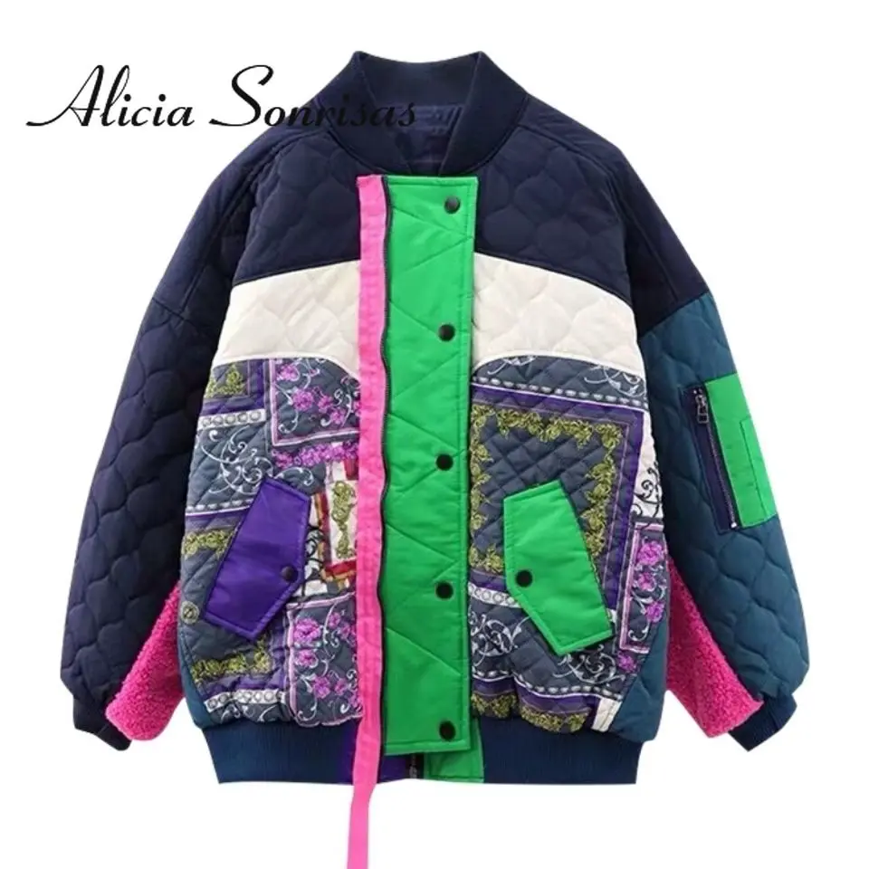 

Новинка 2022, винтажная зимняя куртка, Женская бейсбольная форма контрастных цветов в стиле пэчворк, плотное пальто из овечьей шерсти с хлопк...