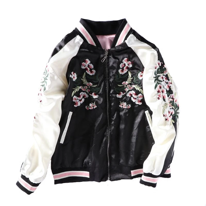 Весна-осень, новые куртки, гладкая Женская бейсбольная куртка Yokosuka с вышитыми цветами вишни