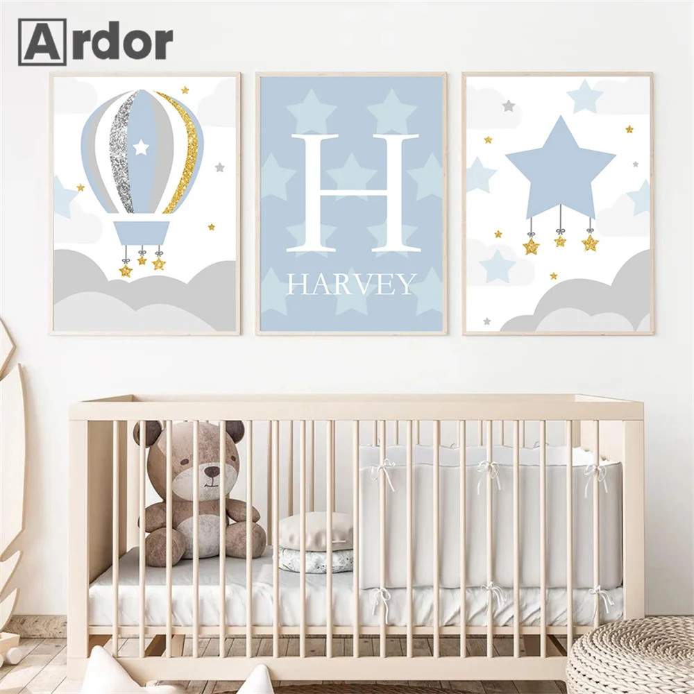 

Blue Star Hot Air Balloon Canvas Painting Baby Custom Name Poster Nursery Wall Art Print Nordic Wall Pictures Kids Room Decor