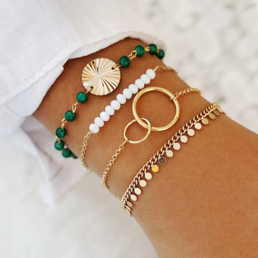 

Set of 4 Gold Bracelets to Brighten Your Wrist Set Consisting of 4 Boho Wrap Stacking Bracelet Bohemian Jewelry with Green Bead