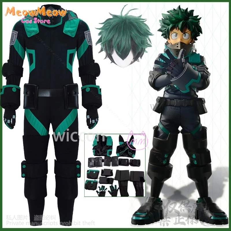 Аниме My Heo Academy Косплей Midoriya Izuku Костюм Парик Черная боевая форма Полный комплект