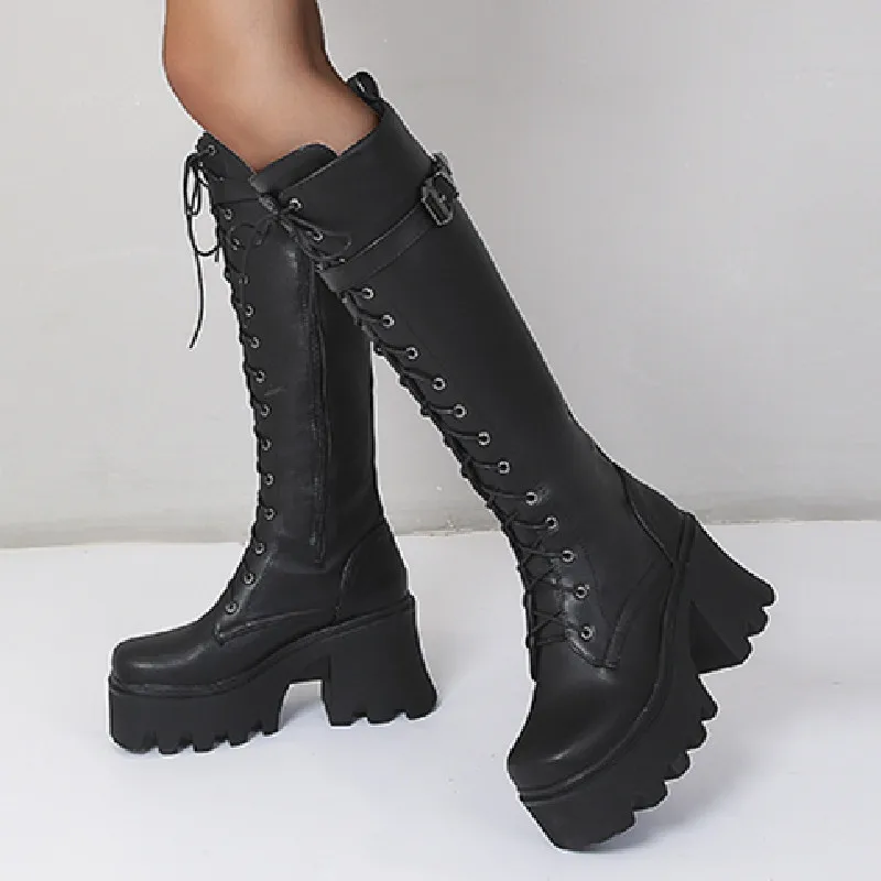 Chunky Knee High Boots Women Platform Heels PU Leather Black Retro Punk Long Boots Female Lace Up Demonia Boot 2023 Winter Shoes