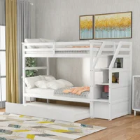 Home Modern Minimalist Wooden Bedroom Furniture Beds Frames Bases Twin Bunk Bed With Twin Size Trundle 3 Storage Stairs White