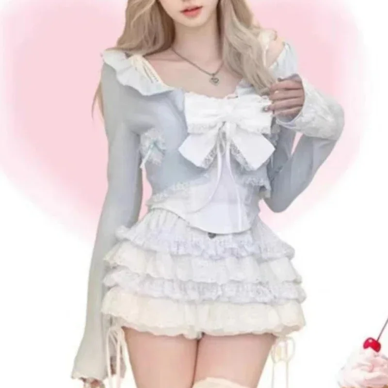 Sweet Lolita Style Ruffle Комплекты из 3-х предметов Женский тонкий кардиган с длинными