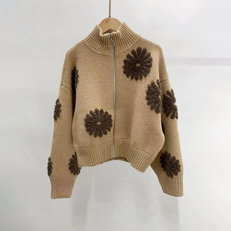 

Sandro Rivers Women Knitted Short Cardigan Jacket Chrysanthemum Jacquard Zipper Half Turtleneck Autumn Winter Sweater