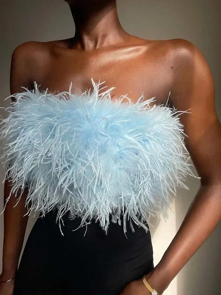 Пикантный пушистый укороченный топ Женская майка без бретелек с перьями Туника