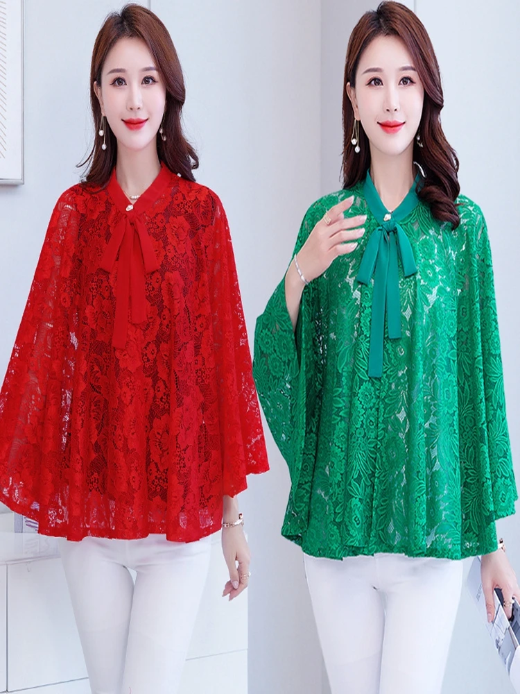 

2023 Spring Summer New Lady Cape Flower Pattern Shawl Sunscreen Outer Fairy Hollow Outer Female Cloak Women Poncho Capes Red