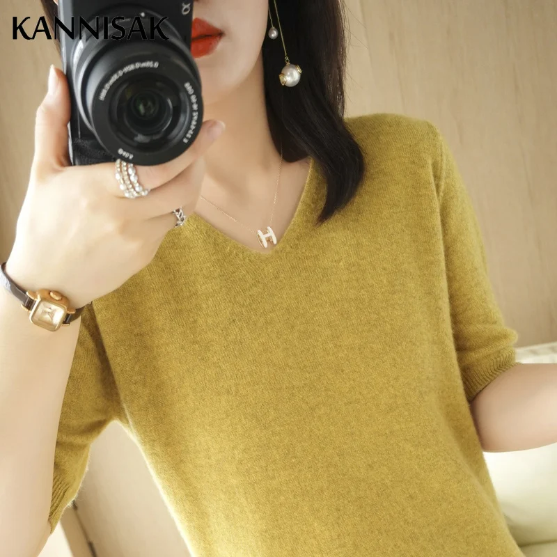 

Spring Autumn Women Sweaters Short Sleeves V-neck Bottoming Shirt Knitwear 2023 Summer Camel Green Pink Pullovers Korean Jumpers