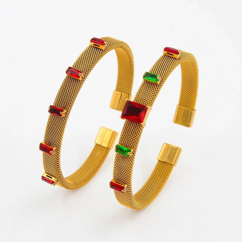 

Hiphop Jewelry Stanless Steel Colorfu Cubic Zirconia Mesh Bracelet Bangles Women Accessories Pulseras Mujer Cuff Bracelets