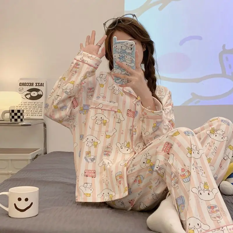 

Original Sanrio Cinnamoroll Pajamas Kawaii Anime Crayon Shin Chan Kuromi Melody Stripe Long Sleeve Pants Student Home Suit Set