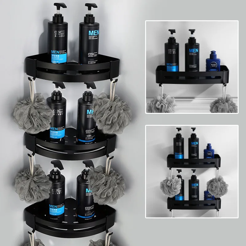 

European Black Bathroom Space Aluminum Shelf Triangle Basket Antique Bathroom Hotel Single Layer Basket Corner Rack